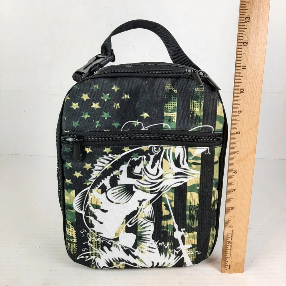 🛍Bass Fish Patriotic Camouflage Flag Insulated Zipper Lunch Bag Bottle Pocket